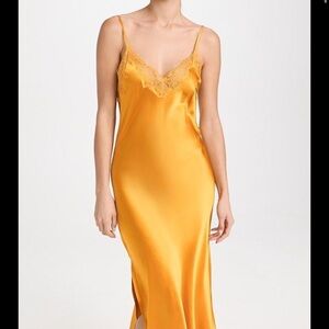 JOURNELLE Yellow 100% Silk Midi Satin Slip Dress with Lace Trim NWT